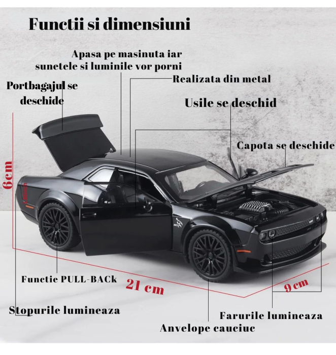Masina metalica tip Dodge cu Efecte Aburi, Lumini, Sunete, Capota, portbagajul si cele 4 usi se deschid, 21cm, Negru [2]