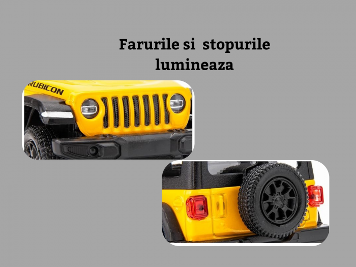 Masina metalica Jeep Rubicon, Sunete realistice, Farurile si stopurile lumineaza, Usile, capota si portbagajul se deschid, Baterii incluse, 15cm, Galben, Scara 1:32, Replica [4]