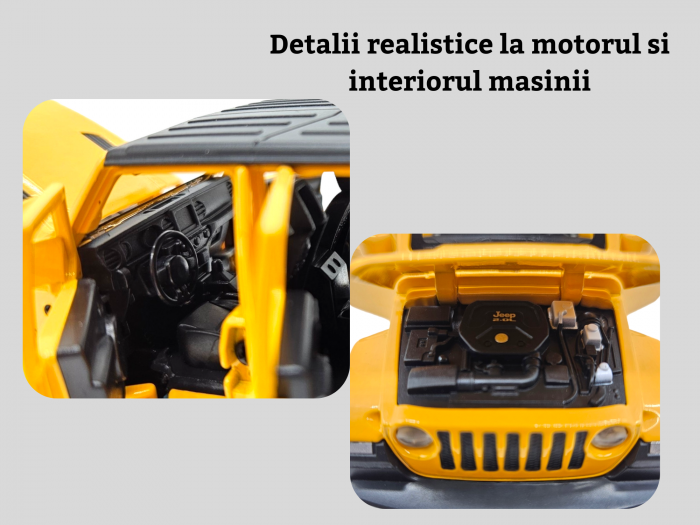 Masina metalica Jeep Rubicon, Sunete realistice, Farurile si stopurile lumineaza, Usile, capota si portbagajul se deschid, Baterii incluse, 15cm, Galben, Scara 1:32, Replica [3]