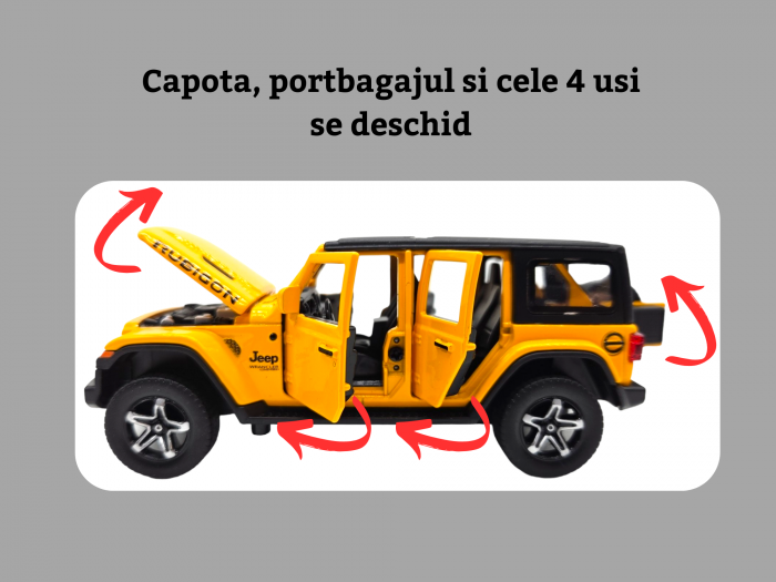Masina metalica Jeep Rubicon, Sunete realistice, Farurile si stopurile lumineaza, Usile, capota si portbagajul se deschid, Baterii incluse, 15cm, Galben, Scara 1:32, Replica [2]