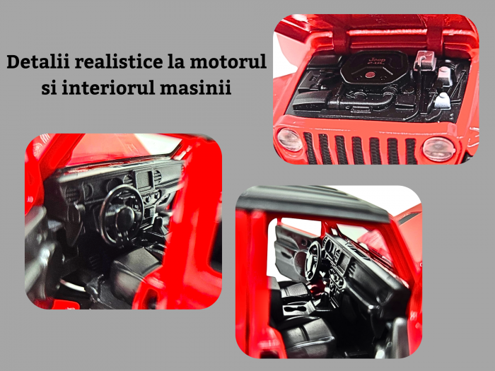 Masina metalica Jeep Rubicon, Sunete realistice, Farurile si stopurile lumineaza, Usile, capota si portbagajul se deschid, Baterii incluse, 15cm, Rosu, Scara 1:32, Replica [2]