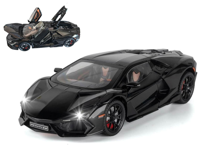Masina metalica tip Lamborghini Revuelto, Sunete realistice, Farurile si stopurile lumineaza, Caxonul functioneaza, Usile, capota si portbagajul se deschid, Baterii incluse, 21cm, Negru, Scara 1:24 [1]