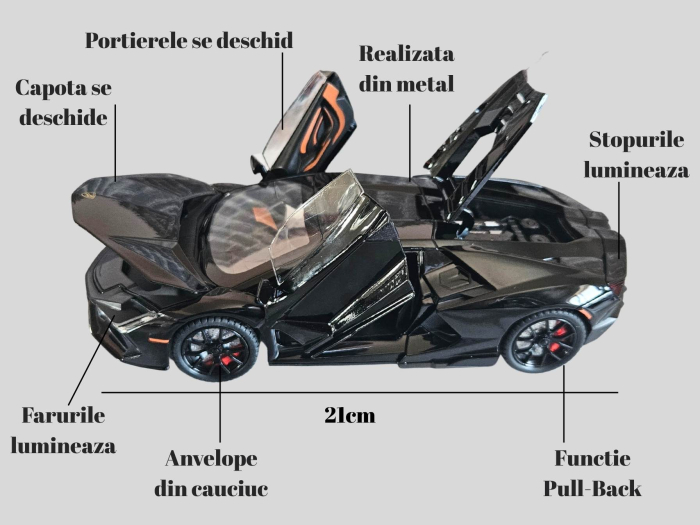 Masina metalica tip Lamborghini Revuelto, Sunete realistice, Farurile si stopurile lumineaza, Caxonul functioneaza, Usile, capota si portbagajul se deschid, Baterii incluse, 21cm, Negru, Scara 1:24 [2]