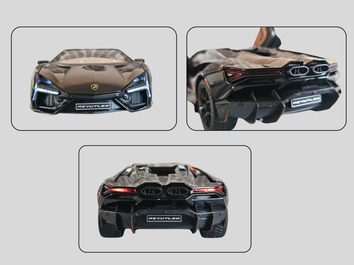 Masina metalica tip Lamborghini Revuelto, Sunete realistice, Farurile si stopurile lumineaza, Caxonul functioneaza, Usile, capota si portbagajul se deschid, Baterii incluse, 21cm, Negru, Scara 1:24 [5]