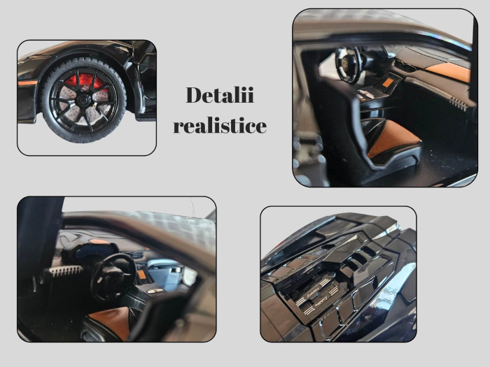 Masina metalica tip Lamborghini Revuelto, Sunete realistice, Farurile si stopurile lumineaza, Caxonul functioneaza, Usile, capota si portbagajul se deschid, Baterii incluse, 21cm, Negru, Scara 1:24 [4]