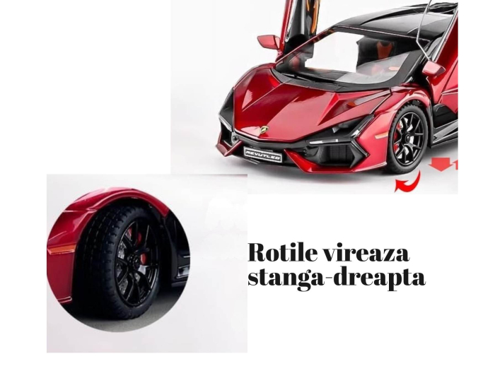 Masina metalica tip Lamborghini Revuelto, Sunete realistice, Farurile si stopurile Lumineaza, Usile si Capota se deschid, Anvelope cauciuc, Baterii incluse, 21cm, Rosu, Scara 1:24 [4]
