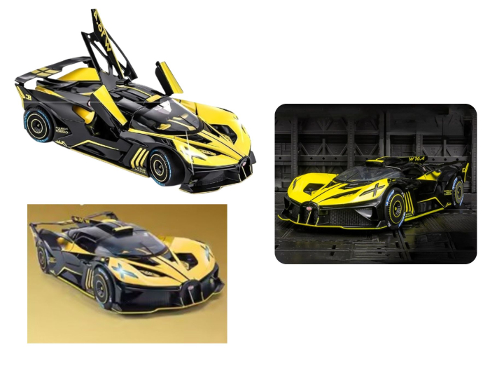 Masina metalica tip Bugatti Hypercar, Sunete realistice, Farurile si stopurile lumineaza, Usile si capota se deschid, Detalii futuriste, Baterii incluse, 21cm, Negru-Galben, Scara 1:24 [5]