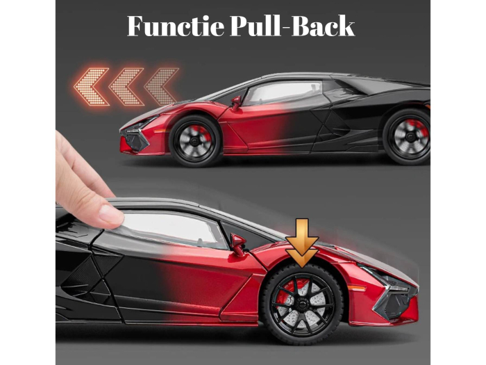 Masina metalica tip Lamborghini Revuelto, Sunete realistice, Farurile si stopurile Lumineaza, Usile si Capota se deschid, Anvelope cauciuc, Baterii incluse, 21cm, Rosu, Scara 1:24 [3]