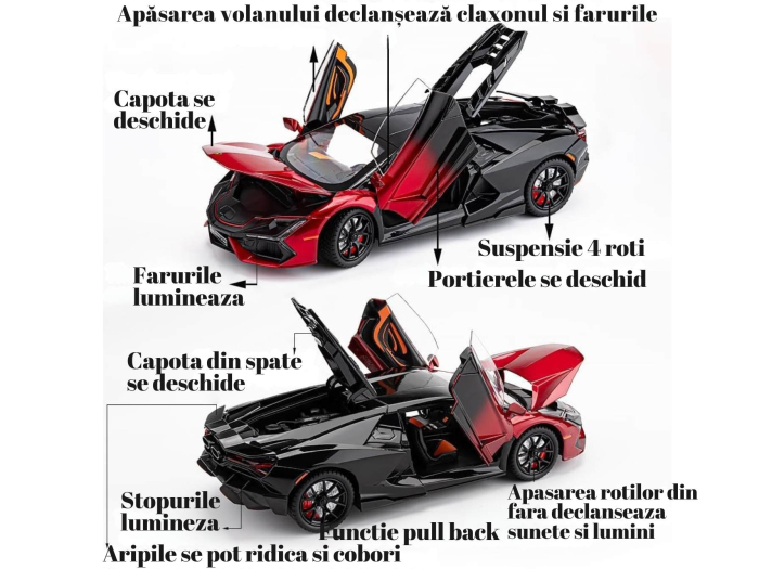 Masina metalica tip Lamborghini Revuelto, Sunete realistice, Farurile si stopurile Lumineaza, Usile si Capota se deschid, Anvelope cauciuc, Baterii incluse, 21cm, Rosu, Scara 1:24 [2]