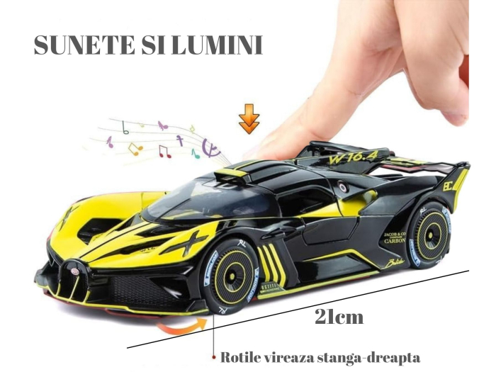 Masina metalica tip Bugatti Hypercar, Sunete realistice, Farurile si stopurile lumineaza, Usile si capota se deschid, Detalii futuriste, Baterii incluse, 21cm, Negru-Galben, Scara 1:24 [3]