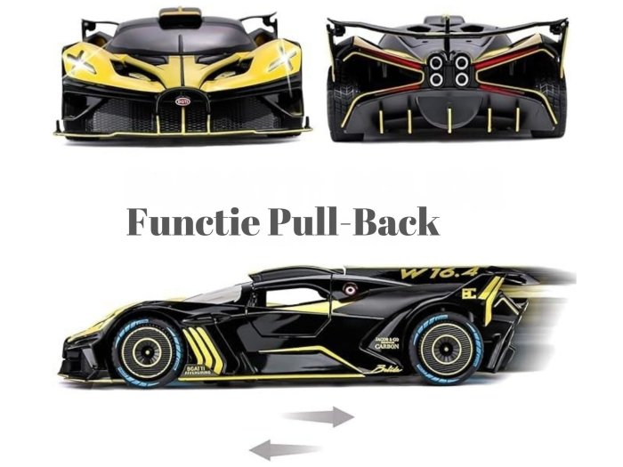 Masina metalica tip Bugatti Hypercar, Sunete realistice, Farurile si stopurile lumineaza, Usile si capota se deschid, Detalii futuriste, Baterii incluse, 21cm, Negru-Galben, Scara 1:24 [4]
