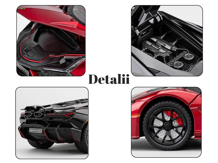 Masina metalica tip Lamborghini Revuelto, Sunete realistice, Farurile si stopurile Lumineaza, Usile si Capota se deschid, Anvelope cauciuc, Baterii incluse, 21cm, Rosu, Scara 1:24 [5]