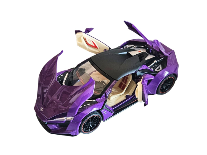 Masina metalica tip Lykan Hypercar, Sunete realistice, Farurile si stopurile lumineaza, Usile si capota se deschid, Anvelope cauciuc, Claxon Functional Baterii incluse, 21cm, Mov, Scara 1:24 [4]