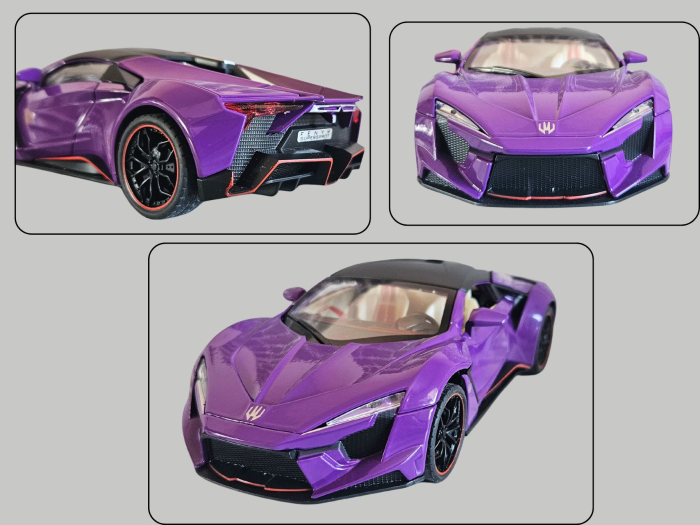 Masina metalica tip Lykan Hypercar, Sunete realistice, Farurile si stopurile lumineaza, Usile si capota se deschid, Anvelope cauciuc, Claxon Functional Baterii incluse, 21cm, Mov, Scara 1:24 [6]