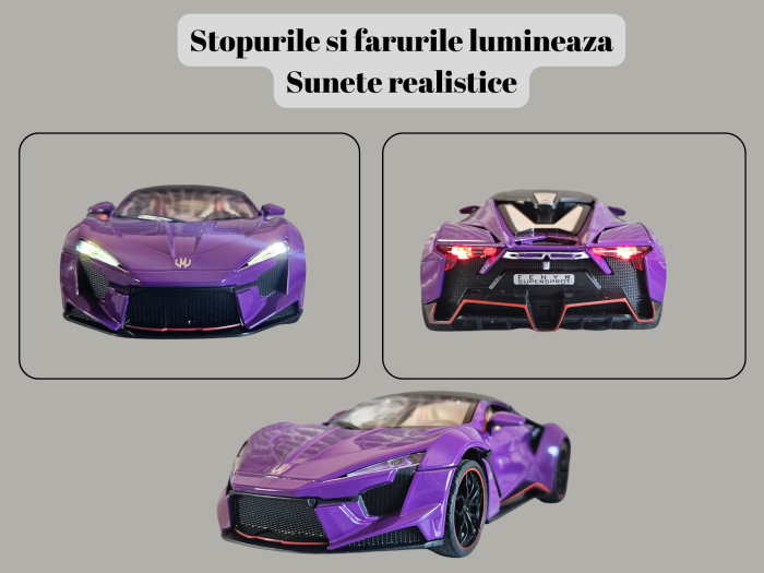 Masina metalica tip Lykan Hypercar, Sunete realistice, Farurile si stopurile lumineaza, Usile si capota se deschid, Anvelope cauciuc, Claxon Functional Baterii incluse, 21cm, Mov, Scara 1:24 [5]