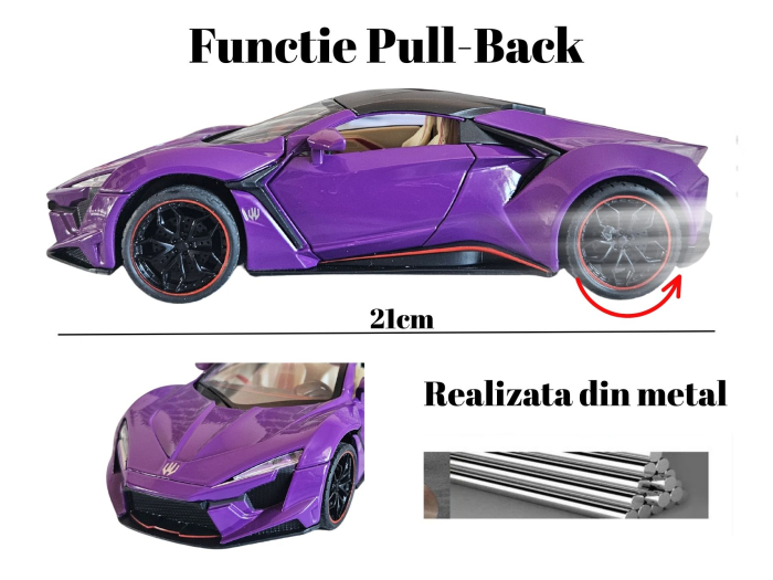Masina metalica tip Lykan Hypercar, Sunete realistice, Farurile si stopurile lumineaza, Usile si capota se deschid, Anvelope cauciuc, Claxon Functional Baterii incluse, 21cm, Mov, Scara 1:24 [3]