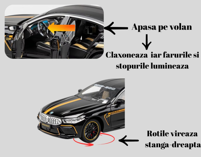 Masina metalica tip BMW M8, Sunete realistice, Farurile si stopurile lumineaza, Usile si capota se deschid, Anvelope cauciuc, Claxon Functional Baterii incluse, 21cm, Negru, Scara 1:24 [4]