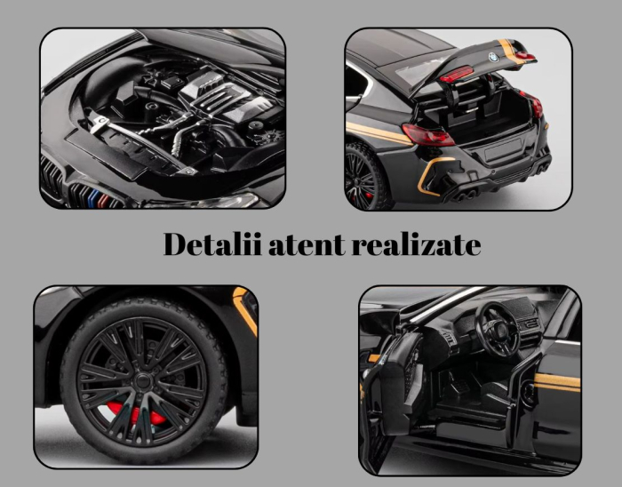 Masina metalica tip BMW M8, Sunete realistice, Farurile si stopurile lumineaza, Usile si capota se deschid, Anvelope cauciuc, Claxon Functional Baterii incluse, 21cm, Negru, Scara 1:24 [3]
