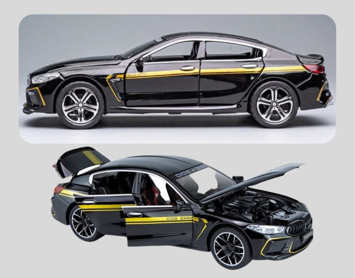 Masina metalica tip BMW M8, Sunete realistice, Farurile si stopurile lumineaza, Usile si capota se deschid, Anvelope cauciuc, Claxon Functional Baterii incluse, 21cm, Negru, Scara 1:24 [6]