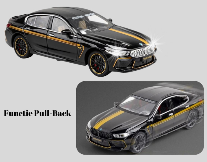 Masina metalica tip BMW M8, Sunete realistice, Farurile si stopurile lumineaza, Usile si capota se deschid, Anvelope cauciuc, Claxon Functional Baterii incluse, 21cm, Negru, Scara 1:24 [5]