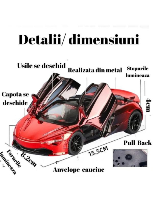 Masina Metalica tip McLaren Metalizat, Sunete si Lumini, Usi capota si portbagaj care se deschid, 15.5cm, Rosu [2]