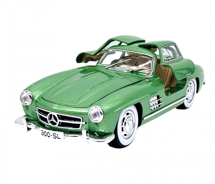 Masina metalica tip Mercedes-Benz 300 SL cu efecte de fum, Sunete si lumini, Capota portbagajul si cele 2 usi se deschid, Baterii incluse, 21 cm, Verde, Sacara1:24 [1]