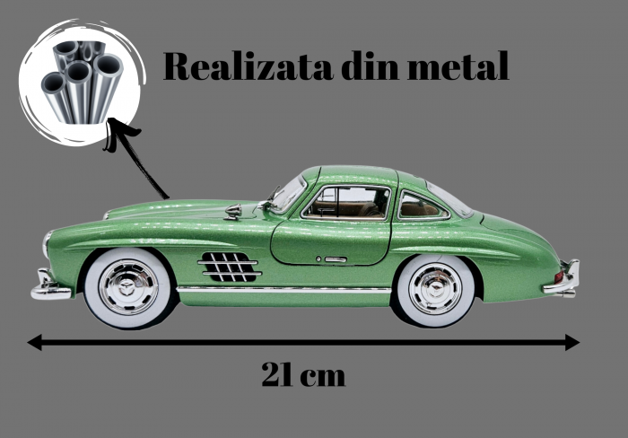 Masina metalica tip Mercedes-Benz 300 SL cu efecte de fum, Sunete si lumini, Capota portbagajul si cele 2 usi se deschid, Baterii incluse, 21 cm, Verde, Sacara1:24 [2]