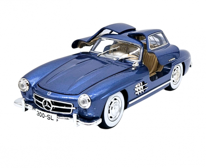 Masina metalica tip Mercedes-Benz 300 SL cu efecte de fum, Sunete si lumini, Capota portbagajul si cele 2 usi se deschid, Baterii incluse, 21 cm, Albastru, scara 1:24 [1]