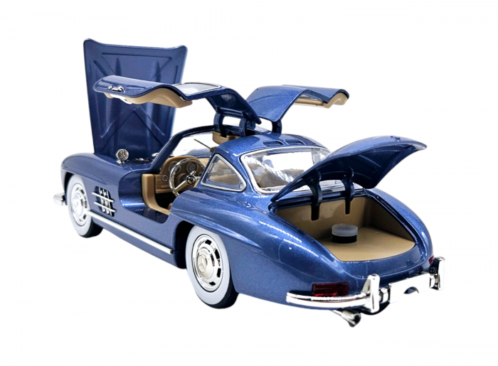 Masina metalica tip Mercedes-Benz 300 SL cu efecte de fum, Sunete si lumini, Capota portbagajul si cele 2 usi se deschid, Baterii incluse, 21 cm, Albastru, scara 1:24 [8]