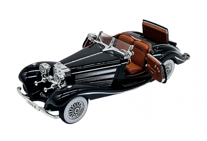 Masina metalica tip Mercedes-Benz 500K Special Roadster 1936, Sunete si lumini, Capota portbagajul si cele 2 usi se deschid, Baterii incluse, 22 cm, Negru, Scara 1:24 [9]