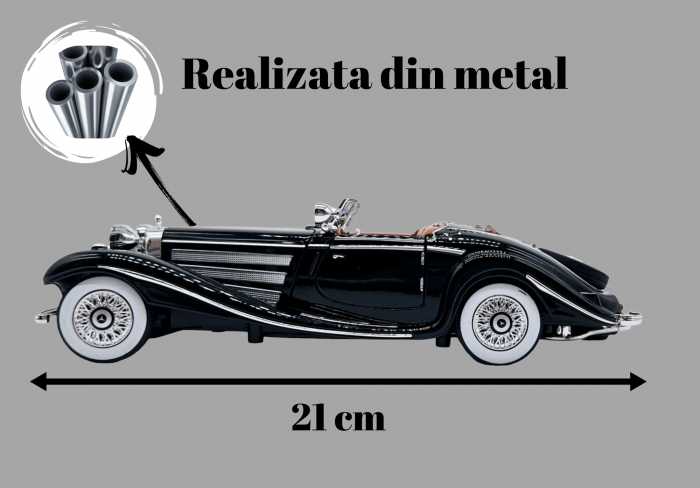 Masina metalica tip Mercedes-Benz 500K Special Roadster 1936, Sunete si lumini, Capota portbagajul si cele 2 usi se deschid, Baterii incluse, 22 cm, Negru, Scara 1:24 [5]