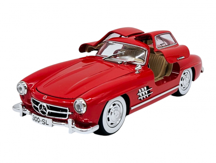 Masina metalica tip Mercedes-Benz 300 SL cu efecte de fum, Sunete si lumini, Capota portbagajul si cele 2 usi se deschid, Baterii incluse, 21 cm, Rosu,Scara 1:24 [1]