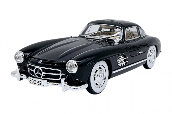 Masina metalica tip Mercedes-Benz 300 SL cu efecte de fum, Sunete si lumini, Capota portbagajul si cele 2 usi se deschid, Baterii incluse, 21 cm, Negru, scara 1:24 [7]