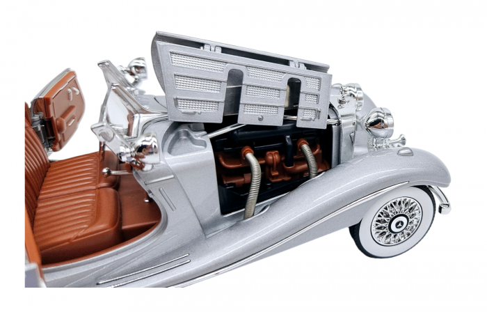 Masina metalica tip Mercedes-Benz 500K Special Roadster 1936 cu efecte de fum, Sunete si lumini, Capota portbagajul si cele 2 usi se deschid, Baterii incluse, 22 cm, Gri, Scara 1:24 [15]