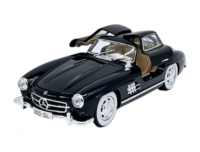 Masina metalica tip Mercedes-Benz 300 SL cu efecte de fum, Sunete si lumini, Capota portbagajul si cele 2 usi se deschid, Baterii incluse, 21 cm, Negru, scara 1:24 [1]