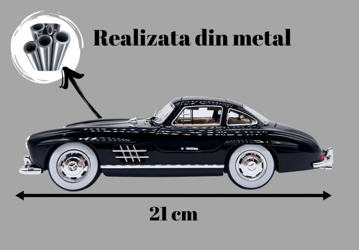 Masina metalica tip Mercedes-Benz 300 SL cu efecte de fum, Sunete si lumini, Capota portbagajul si cele 2 usi se deschid, Baterii incluse, 21 cm, Negru, scara 1:24 [2]