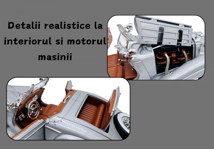 Masina metalica tip Mercedes-Benz 500K Special Roadster 1936 cu efecte de fum, Sunete si lumini, Capota portbagajul si cele 2 usi se deschid, Baterii incluse, 22 cm, Gri, Scara 1:24 [5]