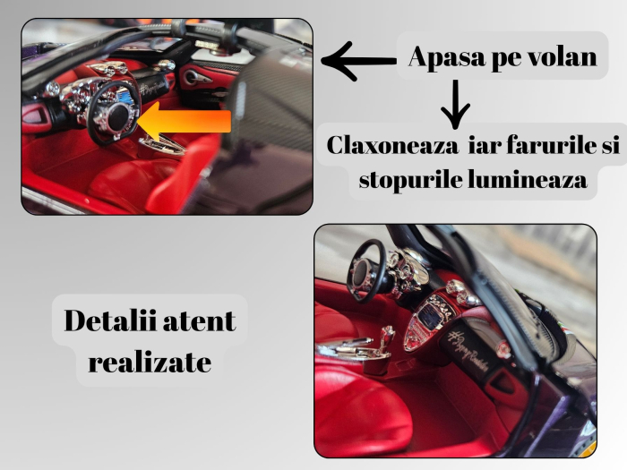 Masina metalica tip Pagany Huayra Hypercar, Sunete realistice, Farurile si stopurile lumineaza, Usile si capota se deschid, Claxonul functioneaza, Baterii incluse, 21cm, Scara 1:24 [3]