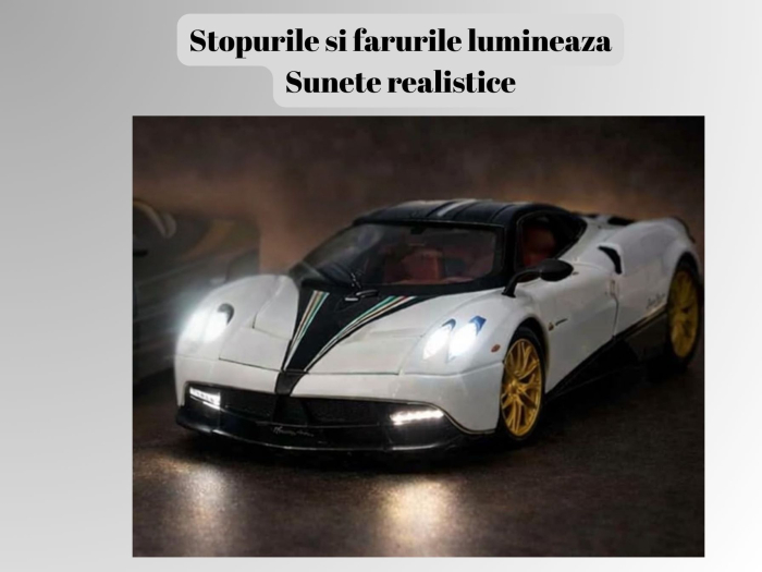 Masina metalica tip Pagany Huayra Hypercar, Sunete realistice, Farurile si stopurile lumineaza, Claxonul functioneaza, Usile si capota se deschid, Baterii incluse, 21cm, Alb, Scara 1:24 [4]