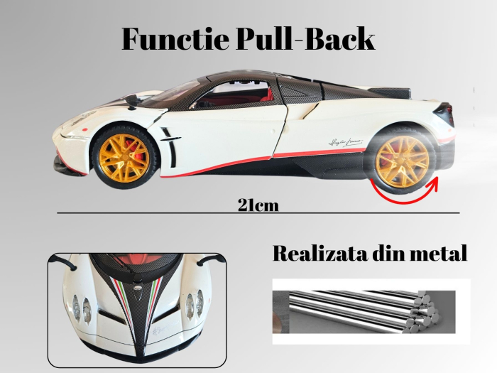 Masina metalica tip Pagany Huayra Hypercar, Sunete realistice, Farurile si stopurile lumineaza, Claxonul functioneaza, Usile si capota se deschid, Baterii incluse, 21cm, Alb, Scara 1:24 [3]