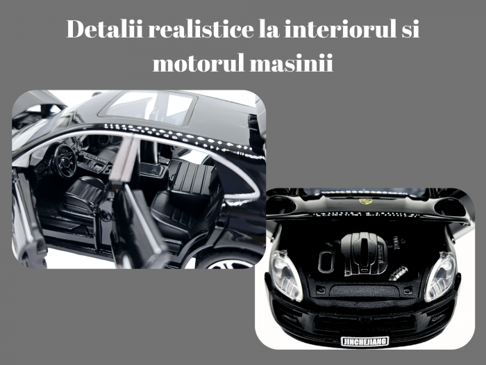 Masina metalica tip Porsche Macan, Sunete realistice, Farurile si stopurile lumineaza, Cele 4 usi, capota si portbagajul se deschid, Detalii realistice, Macheta metalica, 15cm, Negru, Scara 1:32 [3]