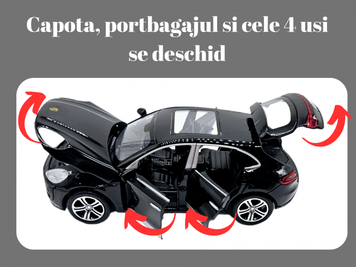 Masina metalica tip Porsche Macan, Sunete realistice, Farurile si stopurile lumineaza, Cele 4 usi, capota si portbagajul se deschid, Detalii realistice, Macheta metalica, 15cm, Negru, Scara 1:32 [2]