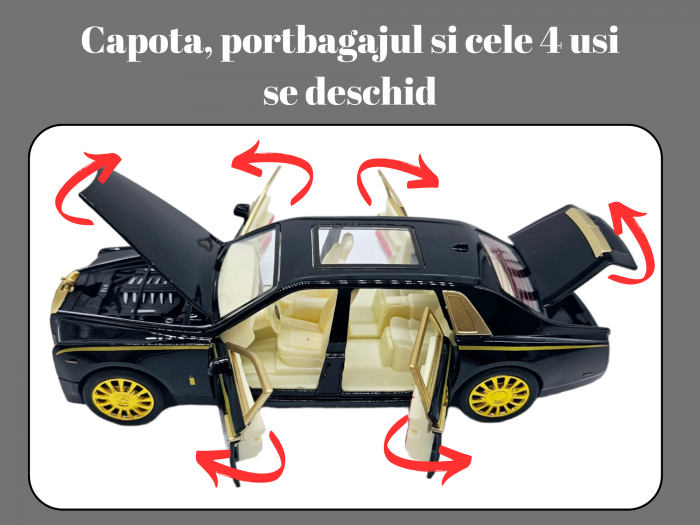 Masina metalica tip Rolls Royce Limuzina editie Gold, 3 sunete realistice, Farurile si stopurile lumineaza, Usi mobile, Baterii incluse, 21cm, Negru, Scara 1:24 [3]