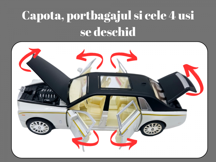 Masina metalica tip Rolls Royce Limuzina editie Gold, 3 sunete realistice, Farurile si stopurile lumineaza, Usi mobile, Baterii incluse, 21cm, Alb, Scara 1:24 [4]