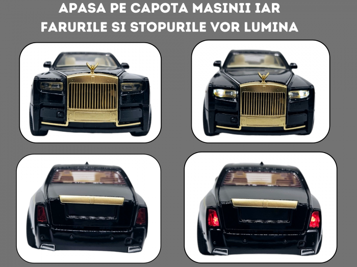 Masina metalica tip Rolls Royce Limuzina editie Gold, 3 sunete realistice, Farurile si stopurile lumineaza, Usi mobile, Baterii incluse, 21cm, Negru, Scara 1:24 [2]