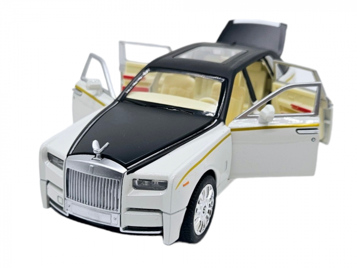 Masina metalica tip Rolls Royce Limuzina editie Gold, 3 sunete realistice, Farurile si stopurile lumineaza, Usi mobile, Baterii incluse, 21cm, Alb, Scara 1:24 [1]