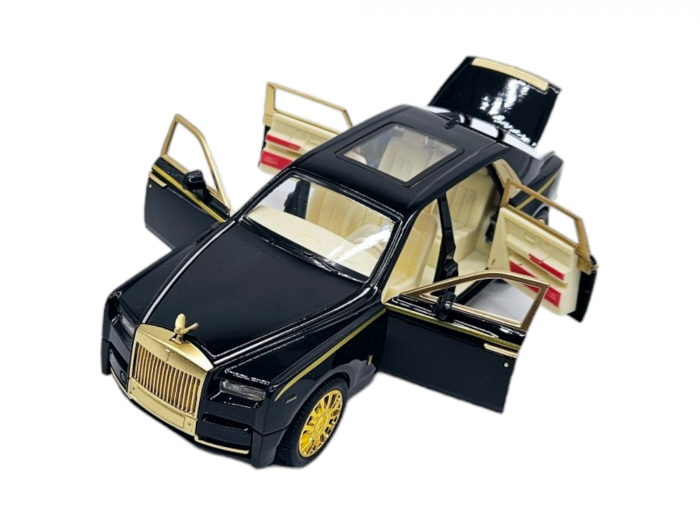 Masina metalica tip Rolls Royce Limuzina editie Gold, 3 sunete realistice, Farurile si stopurile lumineaza, Usi mobile, Baterii incluse, 21cm, Negru, Scara 1:24 [6]