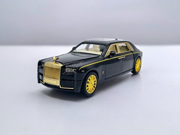 Masina metalica tip Rolls Royce Limuzina editie Gold, 3 sunete realistice, Farurile si stopurile lumineaza, Usi mobile, Baterii incluse, 21cm, Negru, Scara 1:24 [5]
