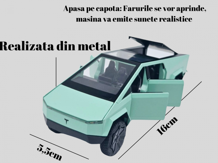 Masina Metalica tip Tesla Cybertruck, Sunete Realistice, Farurile si Stopurile lumineaza, Usile, capota si portbagajul se deschid, Baterii incluse, 18cm, Verde [4]