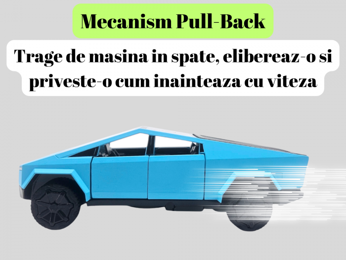 Masina metalica tip Tesla Cybertruck, 3 sunete realistice, Farurile si stopurile lumineaza, Usile, capota si portbagajul se deschid, baterii incluse, 16cm, Albastru [3]
